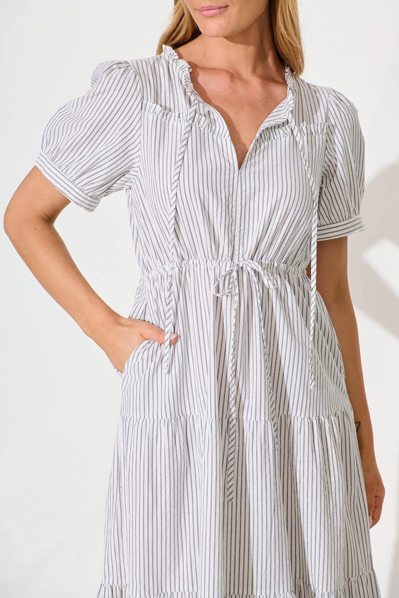 Micah Midi Dress in Black and White Stripe Cotton Blend - Image 5