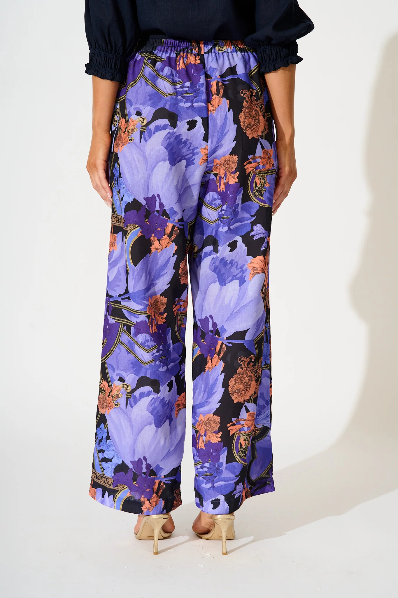 Midnight Dahlia Pant in Blue with Multi Linen Blend - Image 3