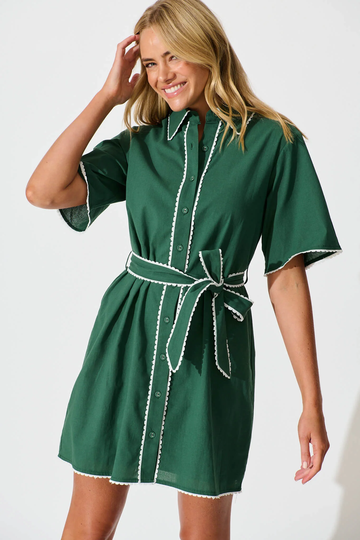 Miela Shirt Dress in Emerald with White Contrast Trim Cotton - Image 2