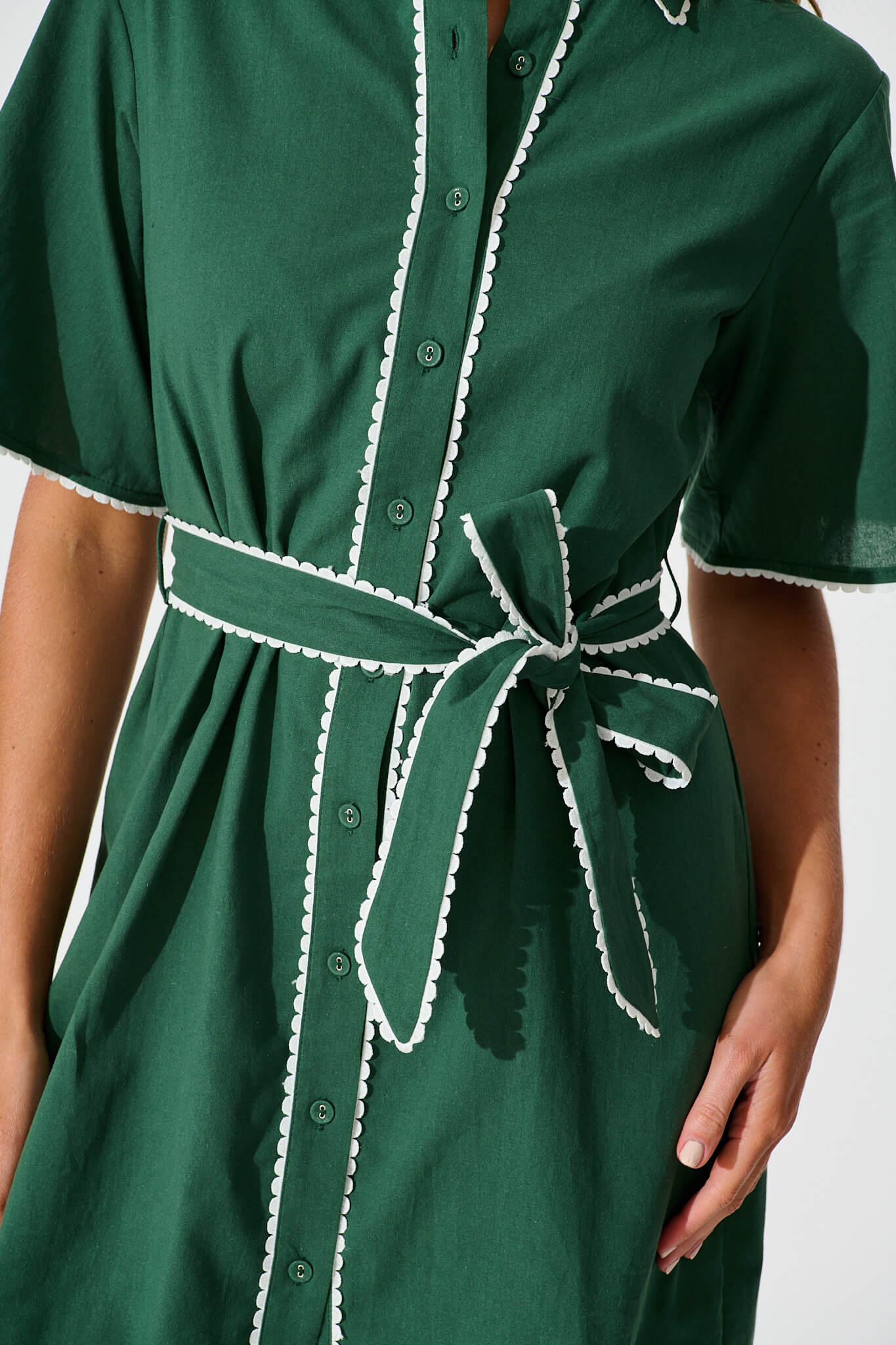 Miela Shirt Dress in Emerald with White Contrast Trim Cotton - Image 5