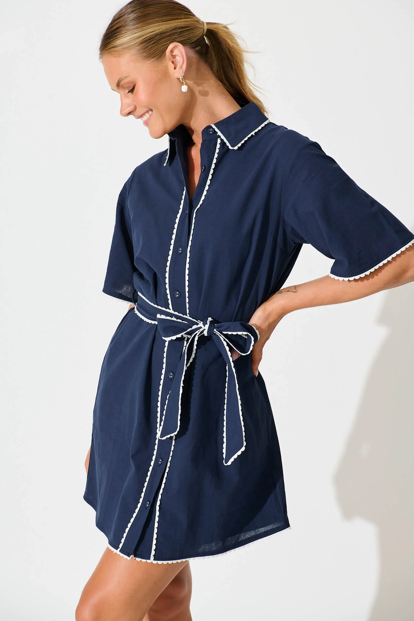 Miela Shirt Dress in Navy with White Contrast Trim Cotton - Image 2