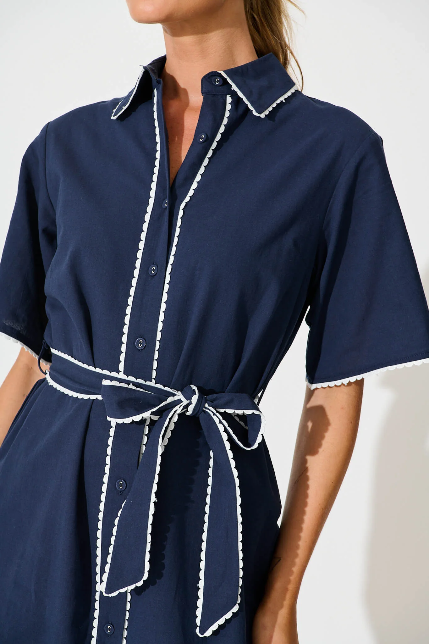 Miela Shirt Dress in Navy with White Contrast Trim Cotton - Image 5