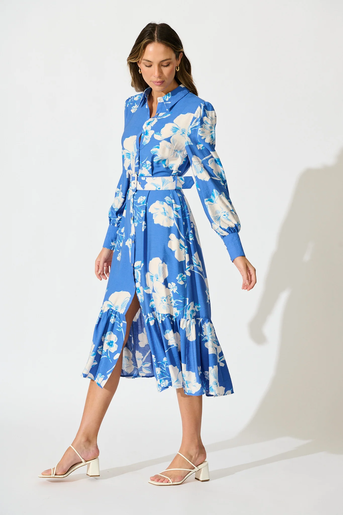 Mikayla Midi Shirt Dress in Blue with White Floral Linen Blend - Image 3