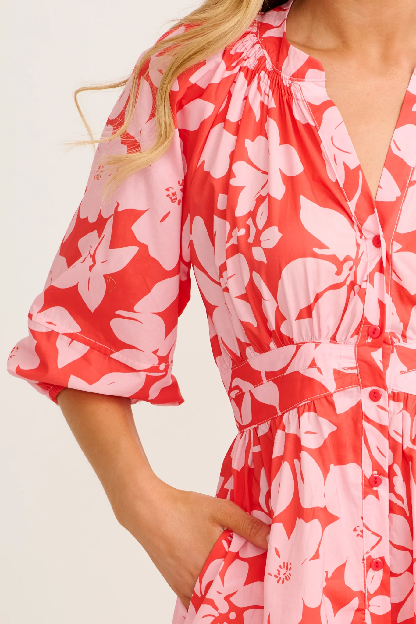 Mimsy Midi Dress in Red with Pink Floral Cotton - Image 5