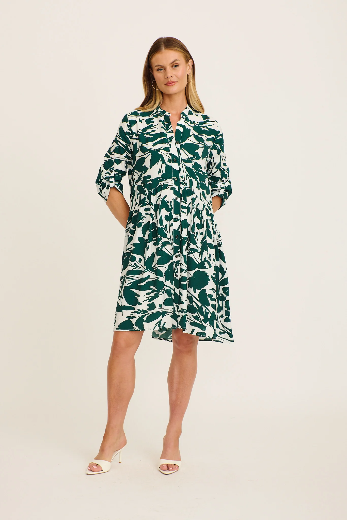 Mina Smock Dress in Green and White Print Linen Blend