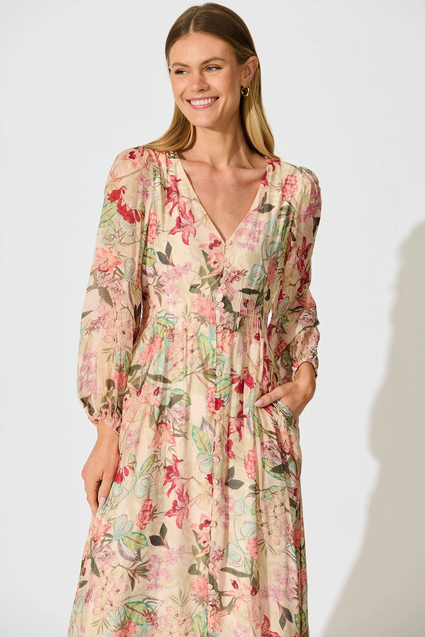 Mirea Maxi Dress in Beige with Multi Floral Print - Image 2