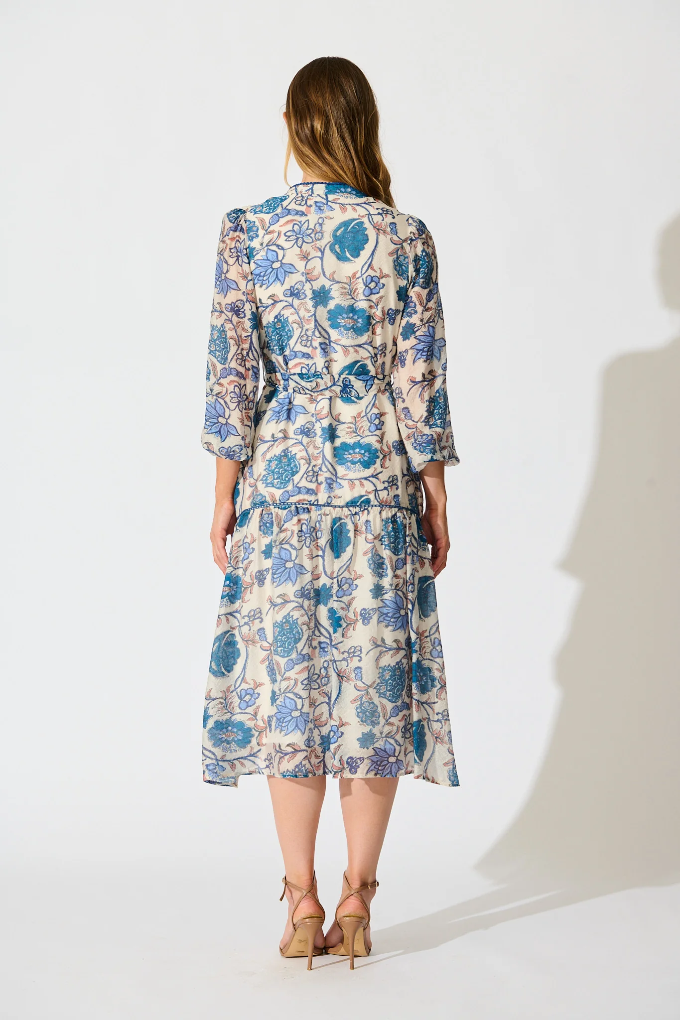 Miren Midi Dress in White with Blue Floral - Image 4