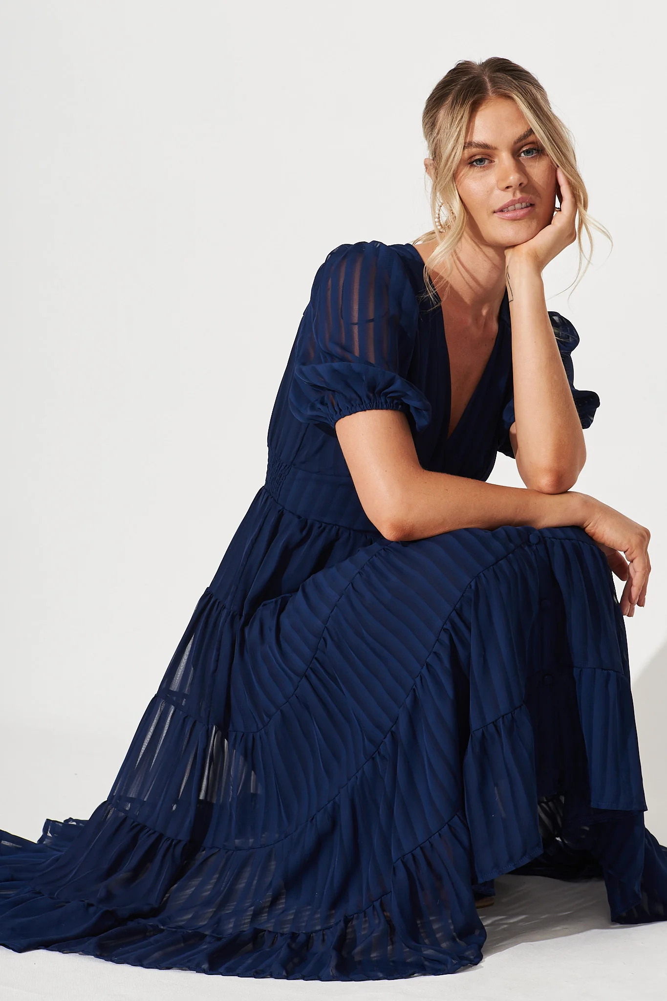 Modica Midi Dress In Navy Chiffon - Image 5