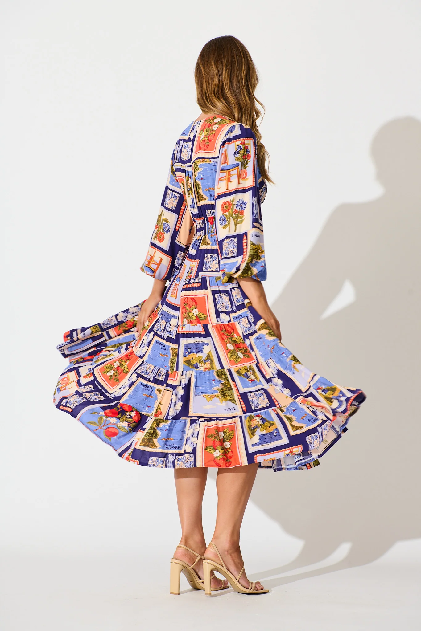 Modical Midi Dress In Blue Multi Postcard Print - Image 4