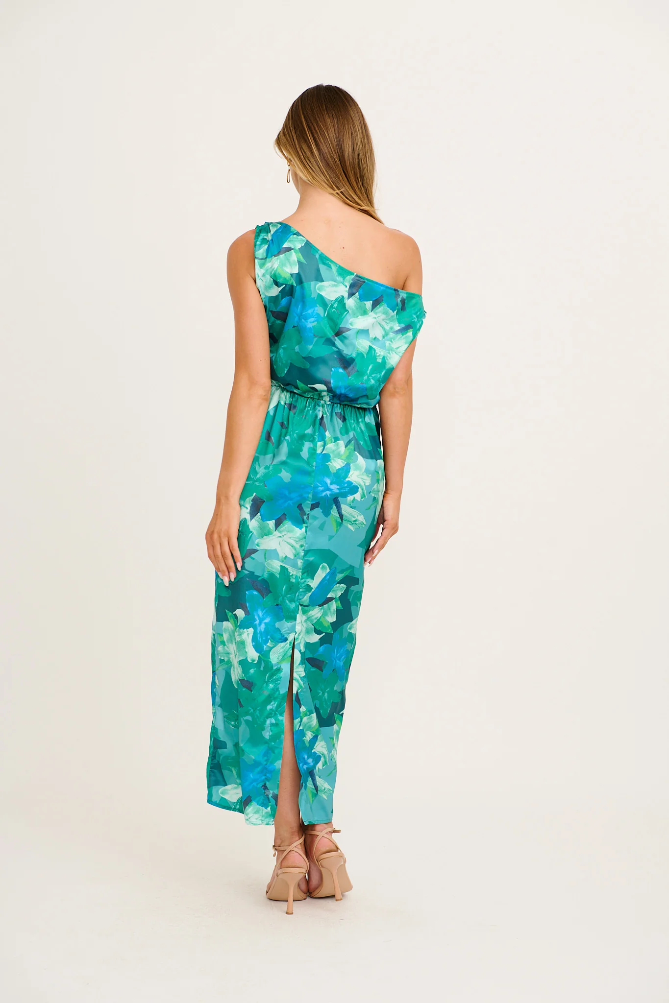Moon Lily One Shoulder Maxi Dress in Emerald Floral Satin - Image 4