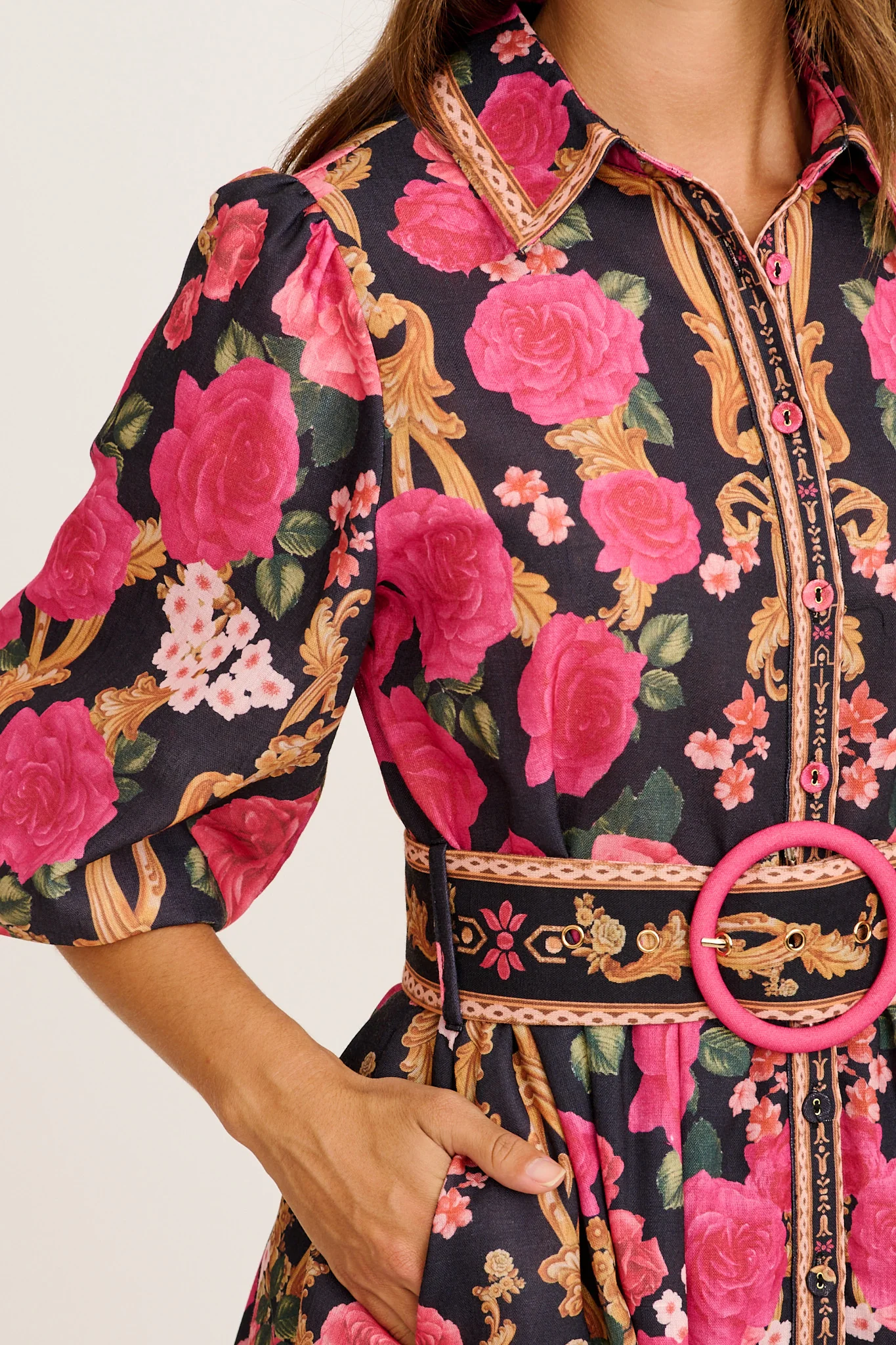 Moonlit Desire Shirt Dress in Black with Pink Floral Linen Blend - Image 10