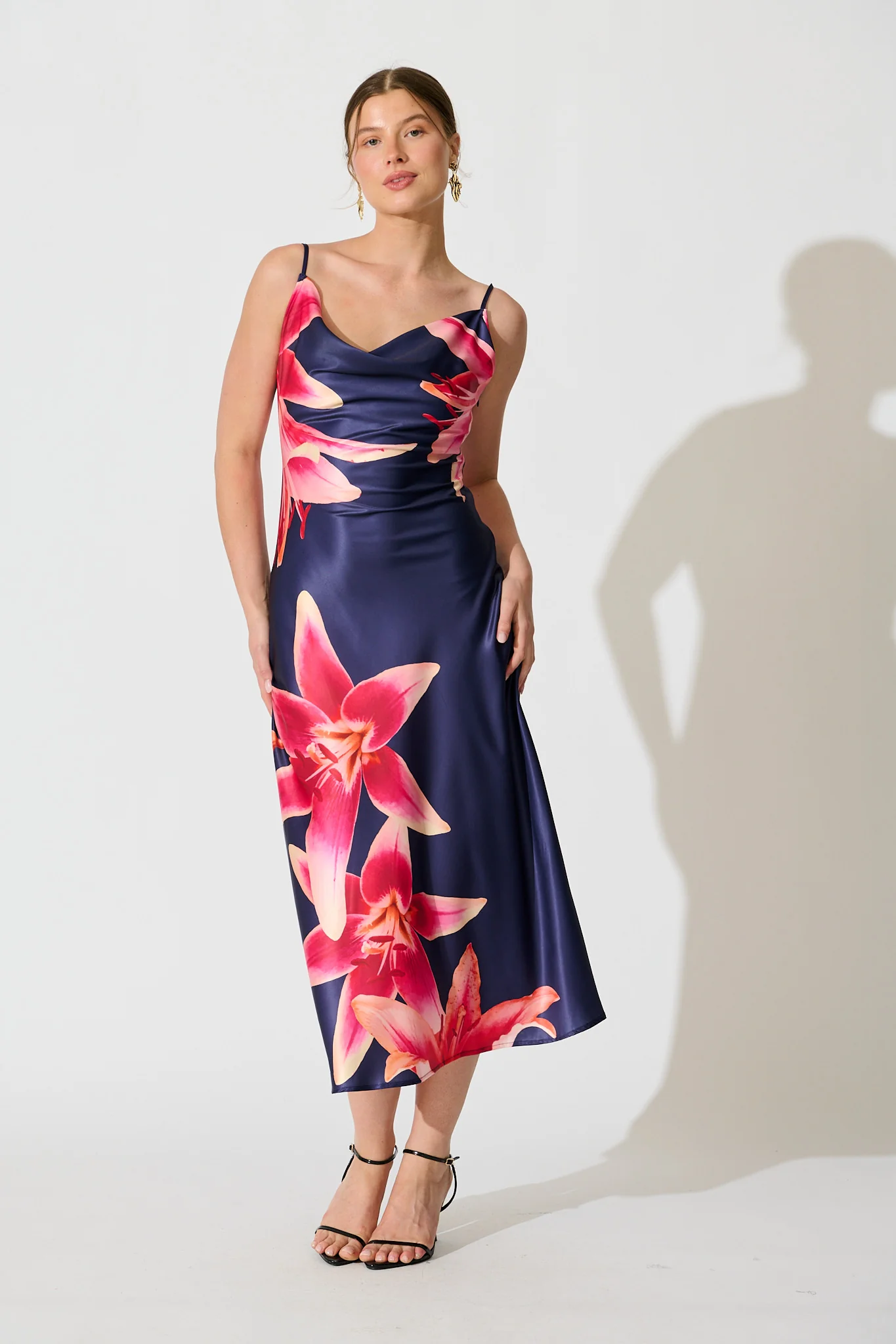Moonlit Flora Maxi Dress in Navy Floral Satin - Image 3