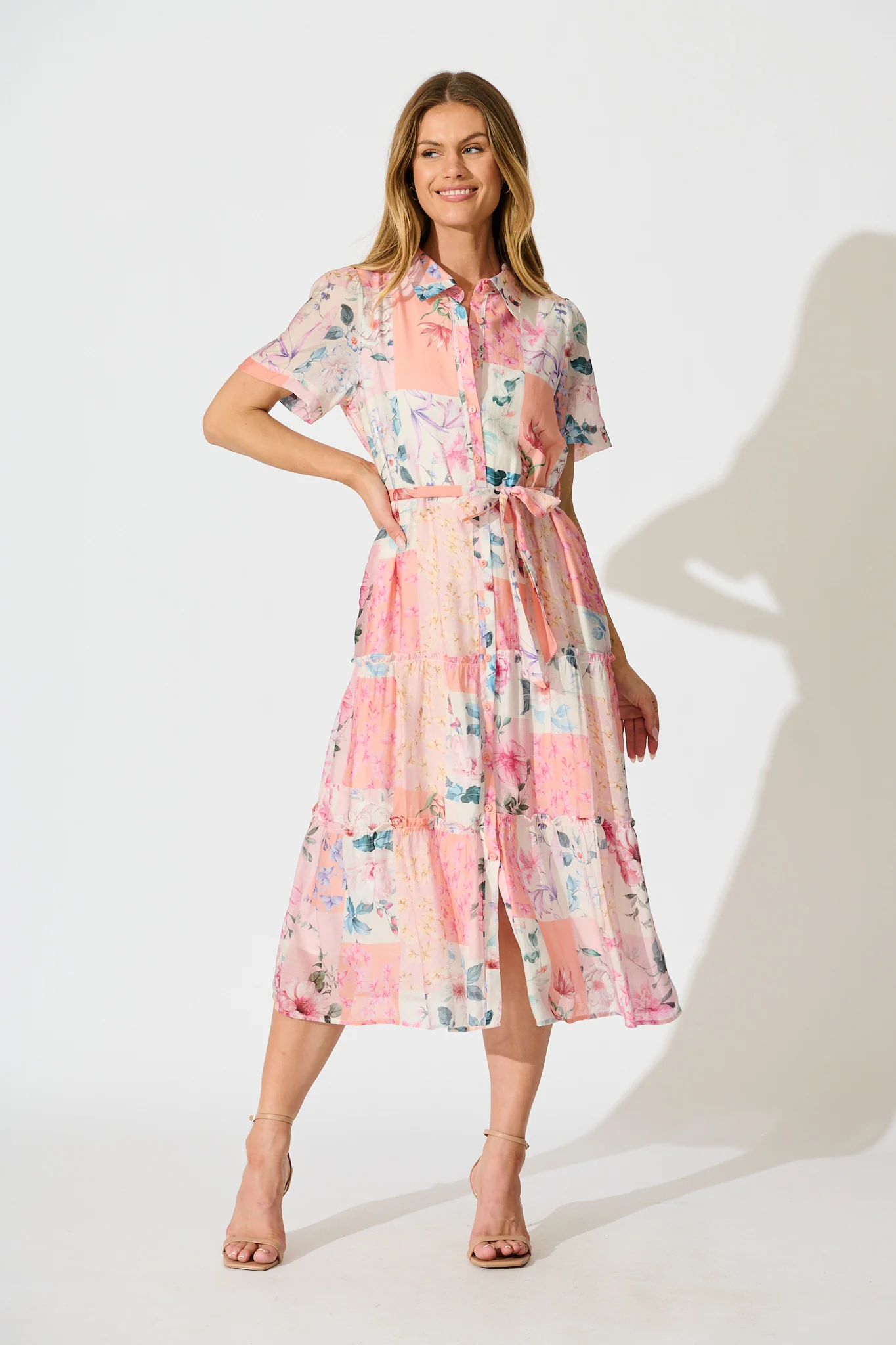 Morgana Midi Shirt Dress in Pink Patchwork Floral