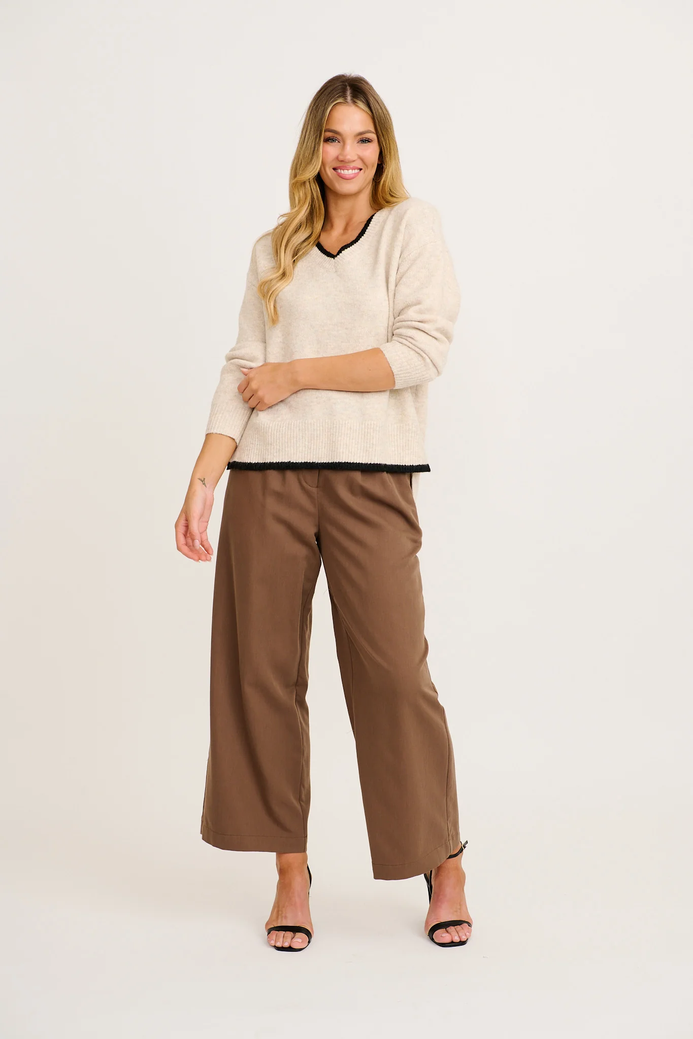 Morning Mist Knit in Cream with Black Trim Wool Blend - Image 4
