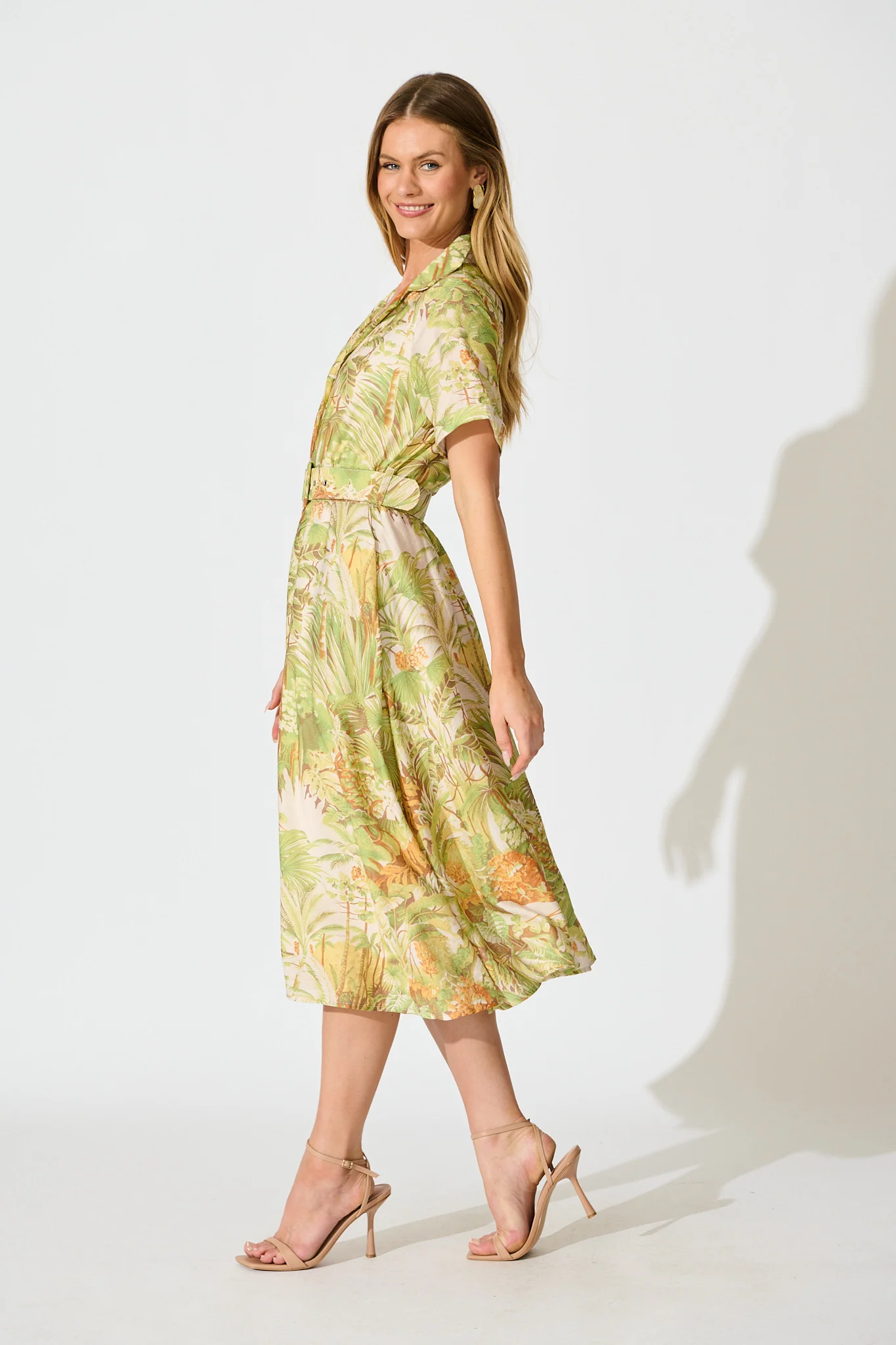 My Sweet Midi Shirt Dress in Green Multi Leaf Print - Image 3