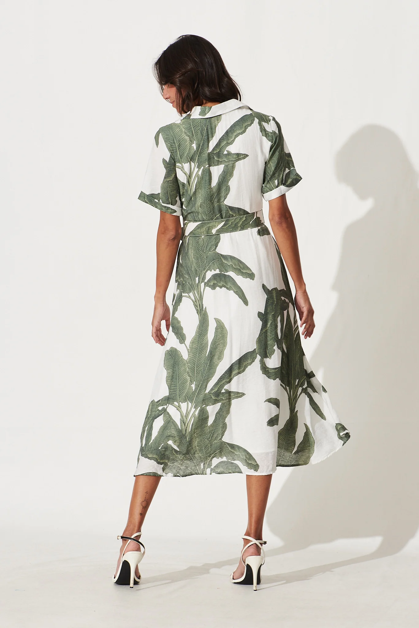 My Sweet Midi Shirt Dress In White With Green Leaf Print - Image 4