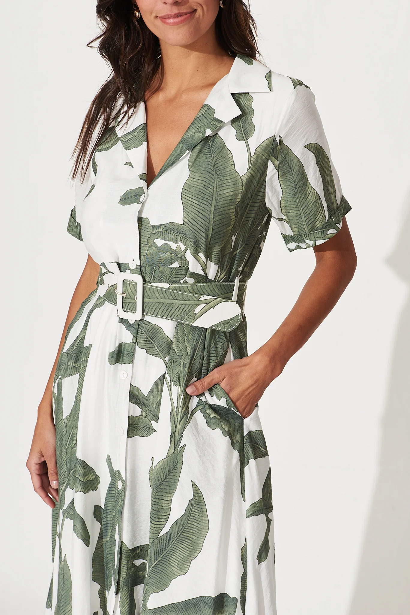My Sweet Midi Shirt Dress In White With Green Leaf Print - Image 5