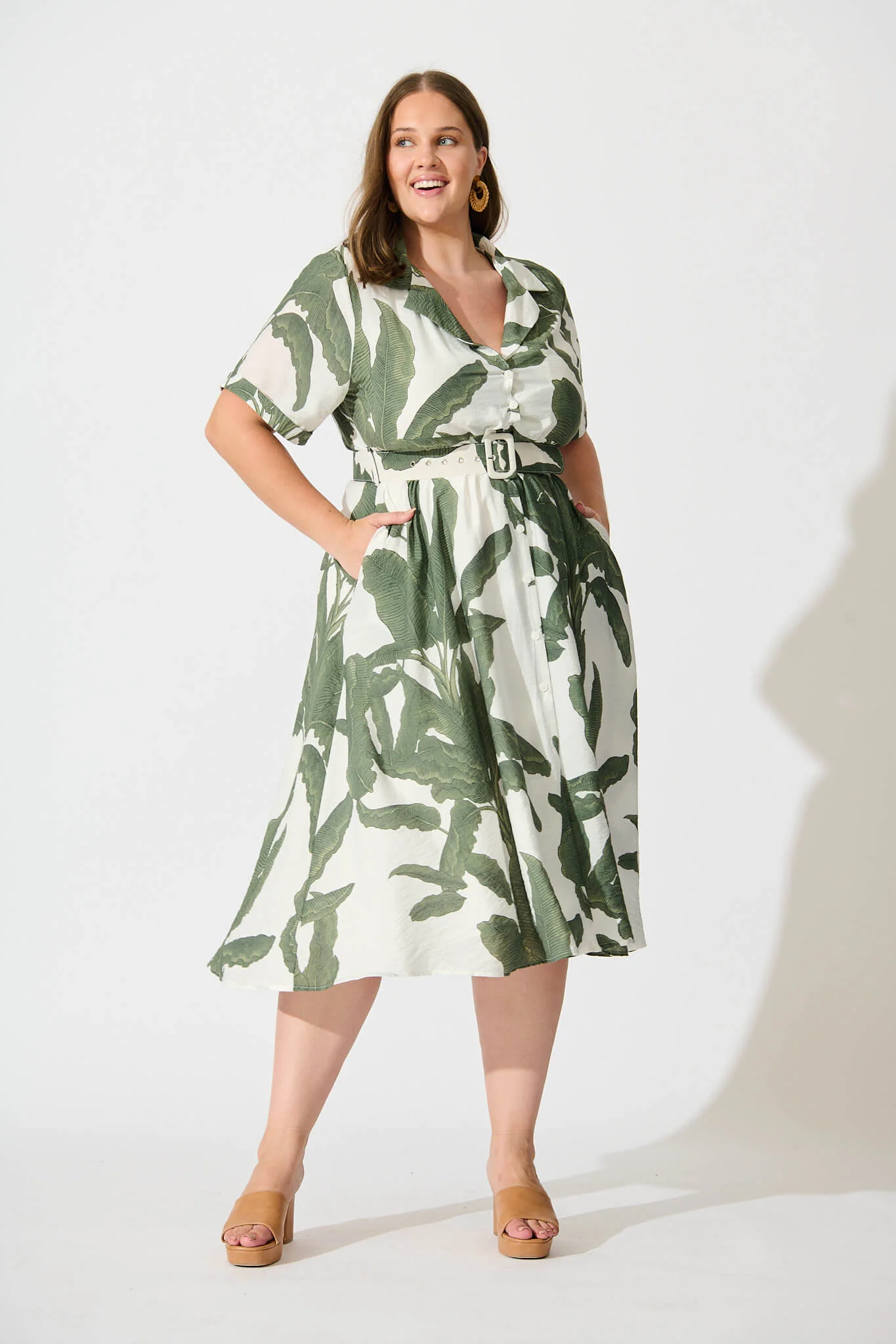 My Sweet Midi Shirt Dress In White With Green Leaf Print - Image 7