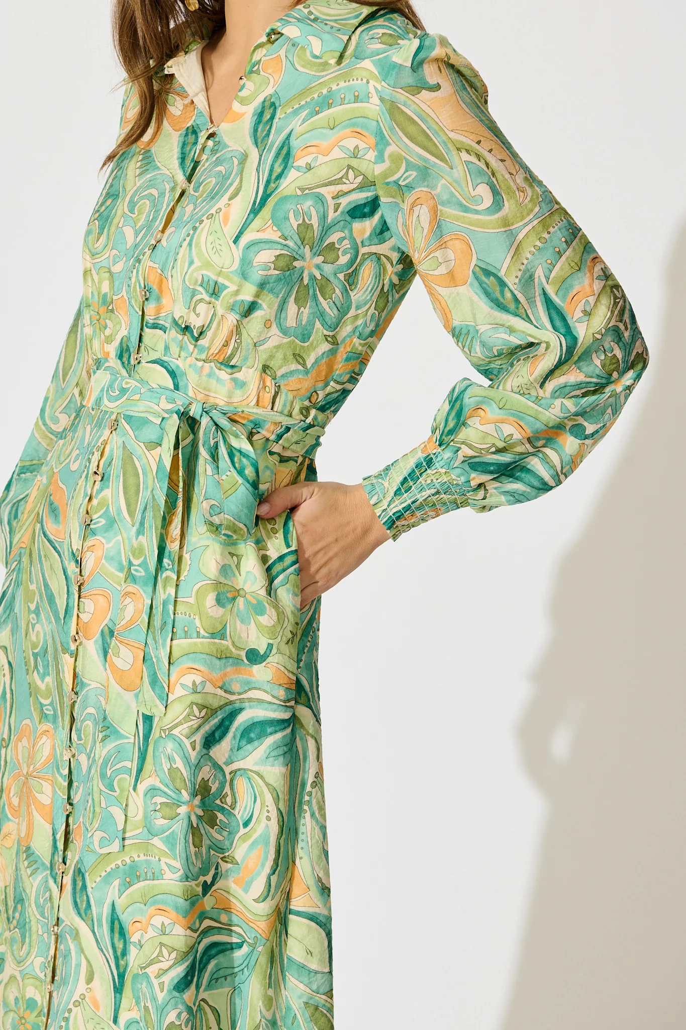 Mystic Mirage Midi Shirt Dress in Multi Green Print - Image 5