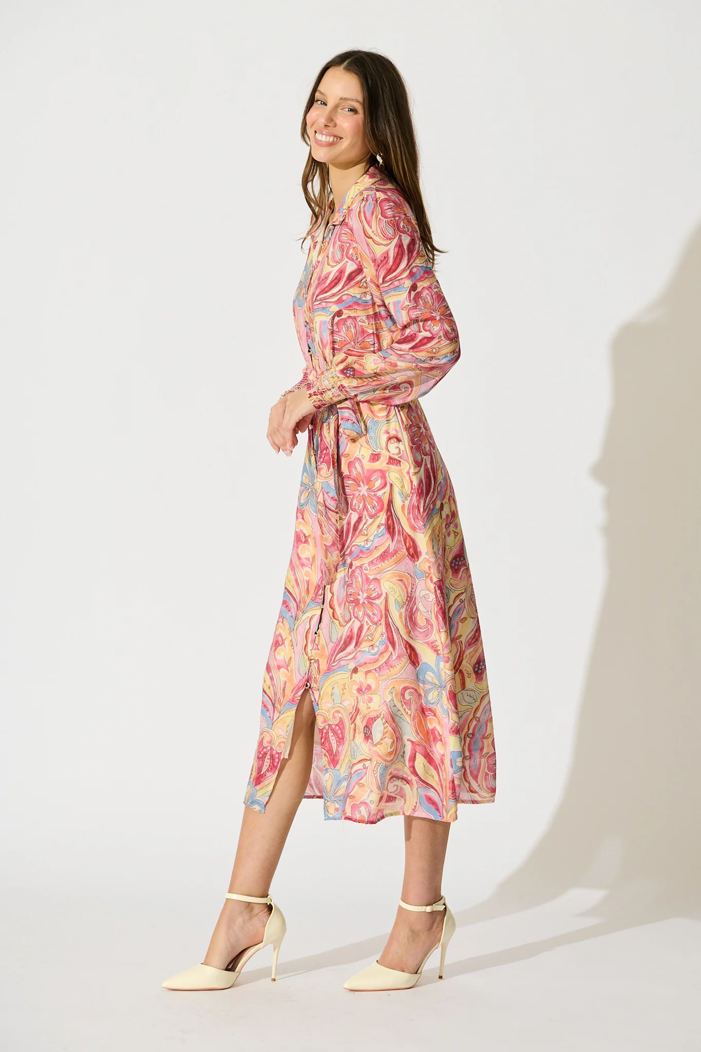 Mystic Mirage Midi Shirt Dress in Multi Pink Print - Image 3