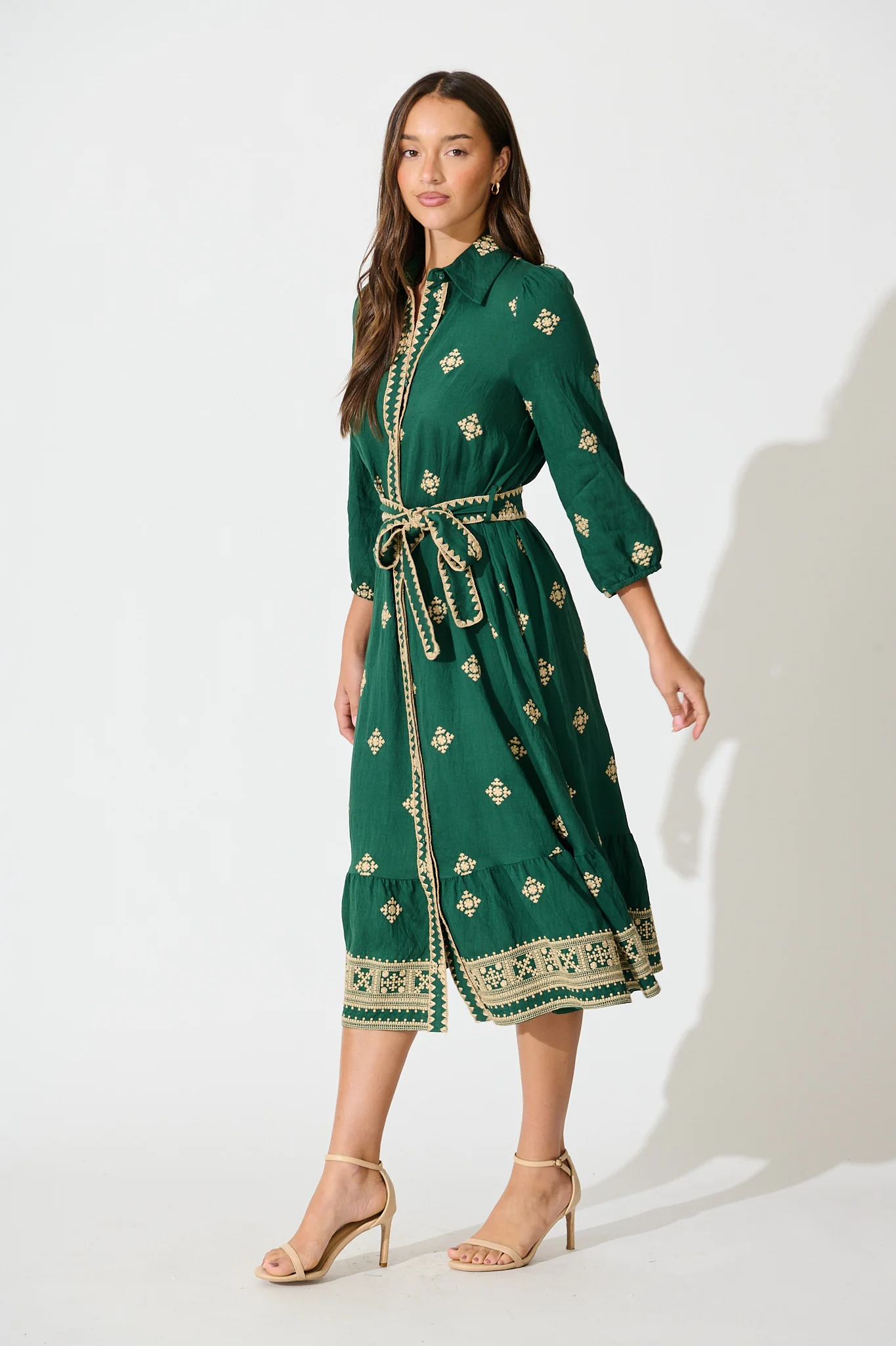 Nahla Midi Shirt Dress in Emerald with Cream Embroidery - Image 3