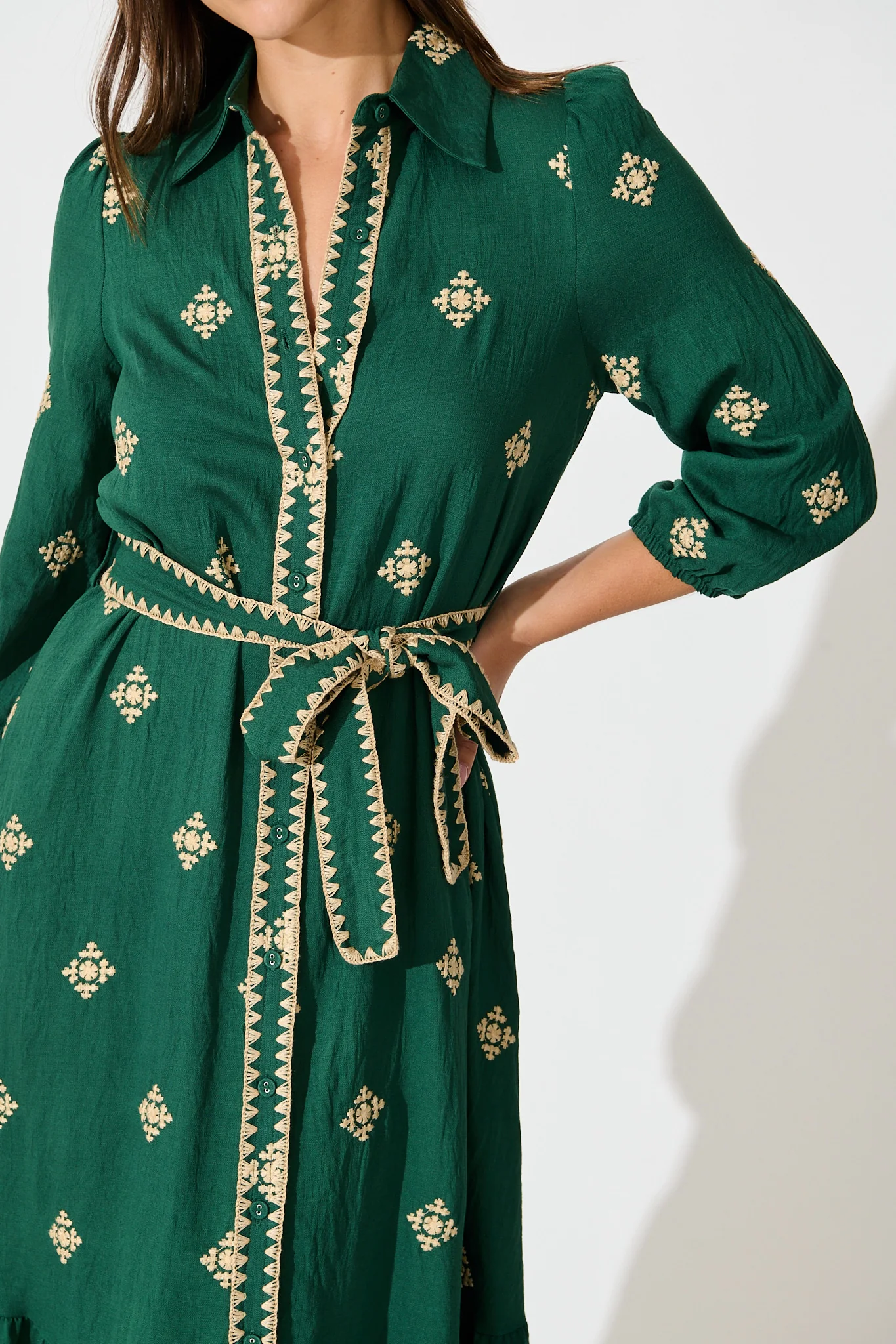 Nahla Midi Shirt Dress in Emerald with Cream Embroidery - Image 5