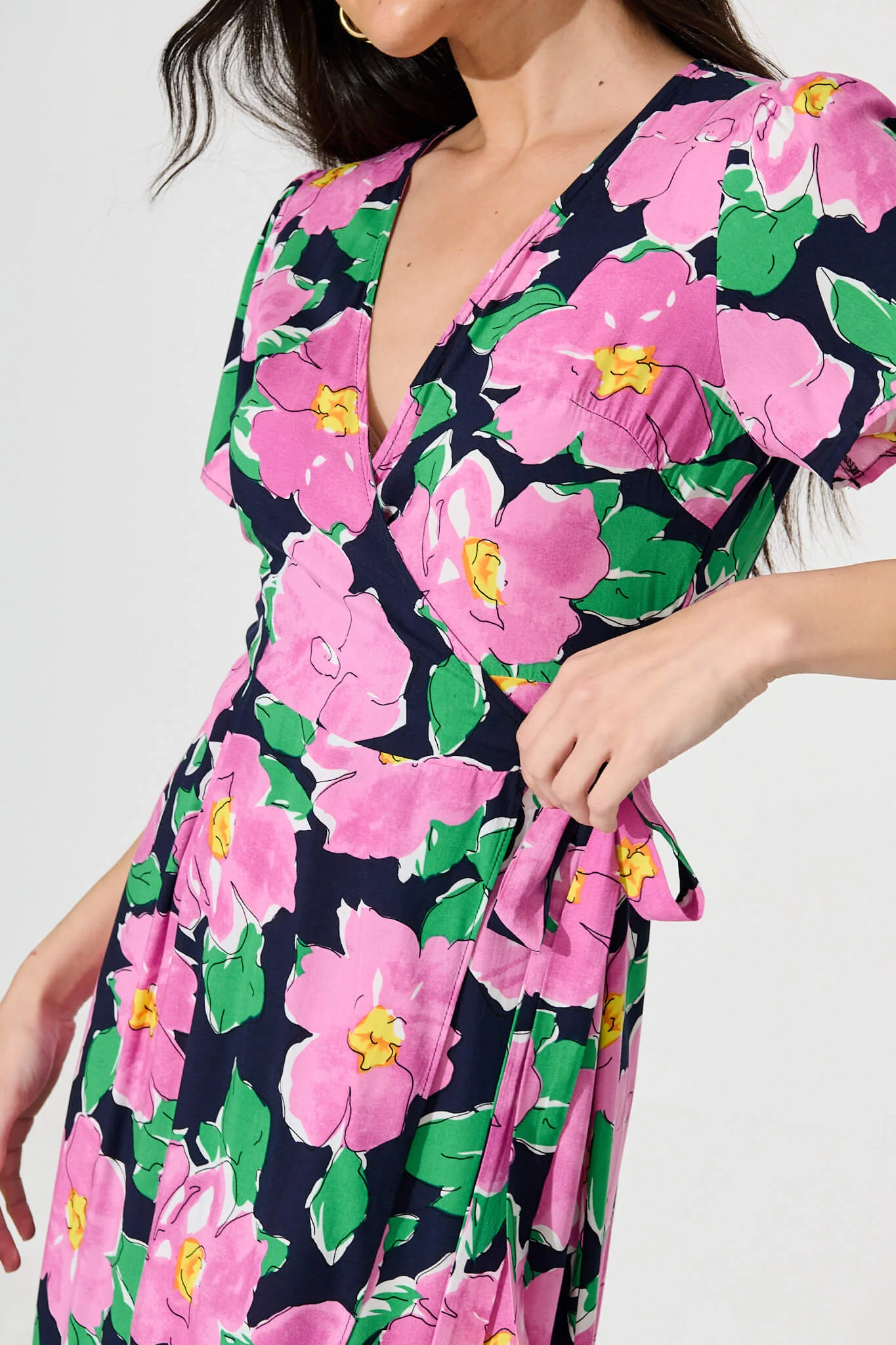 Naira Midi Wrap Dress in Black and Purple Floral - Image 5
