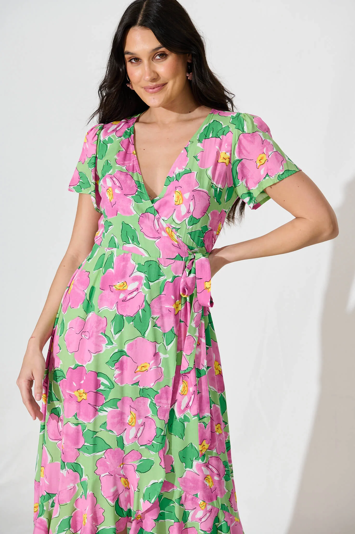 Naira Midi Wrap Dress in Green and Purple Floral - Image 2
