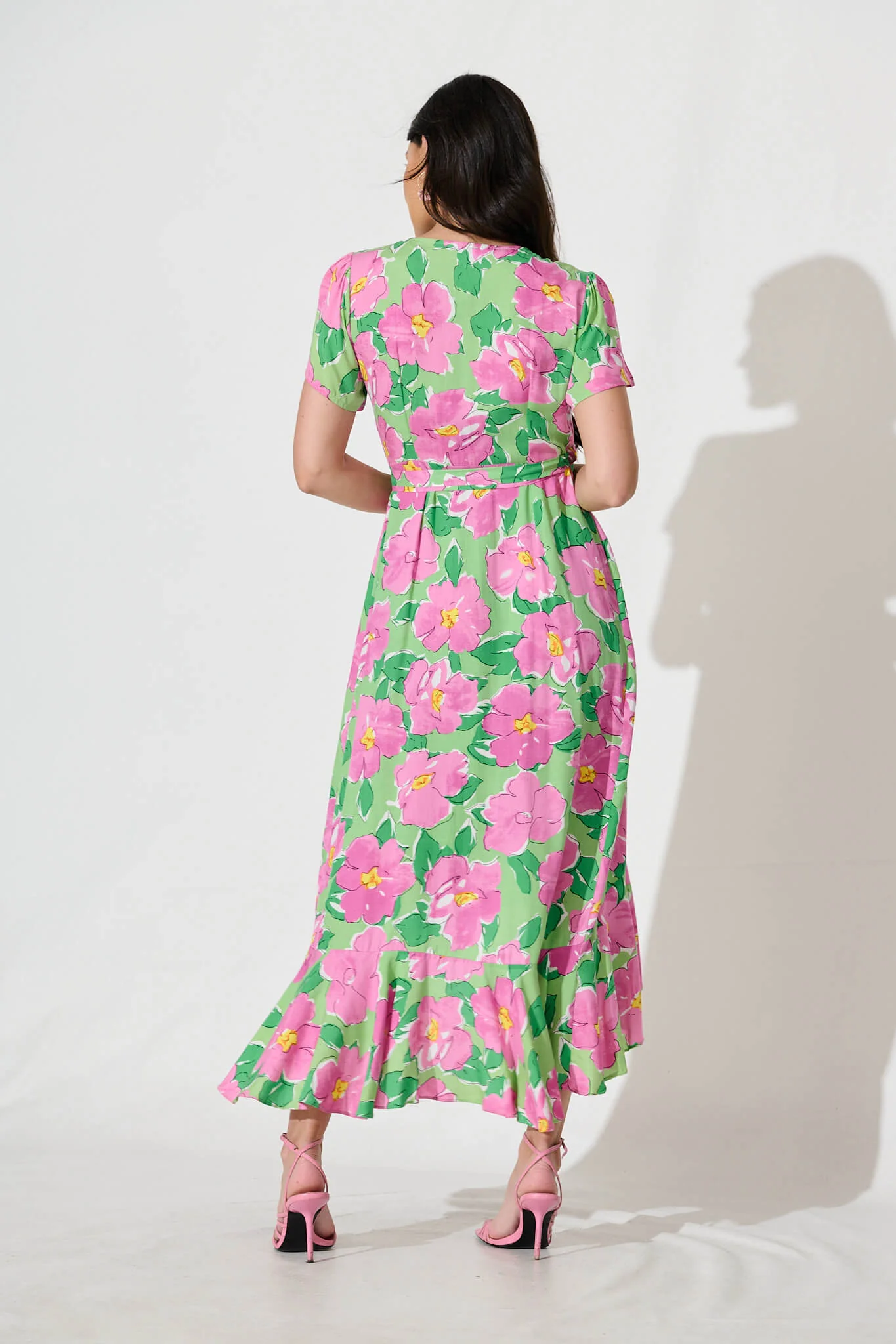 Naira Midi Wrap Dress in Green and Purple Floral - Image 4