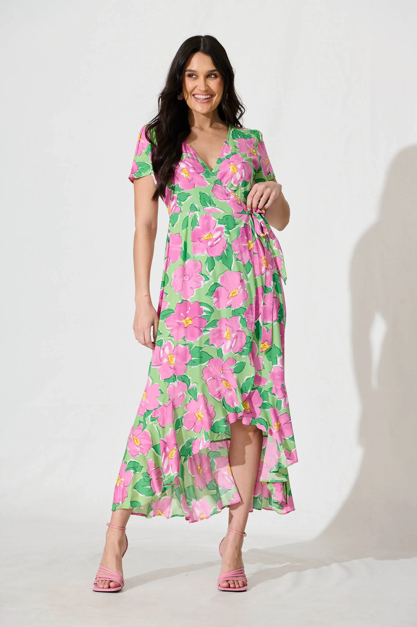 Naira Midi Wrap Dress in Green and Purple Floral - Image 5