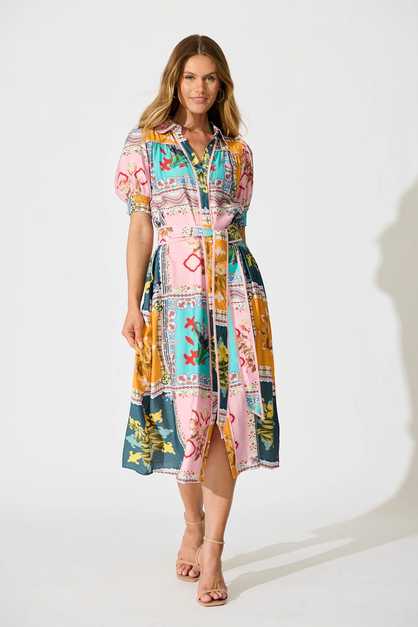 Narcisa Midi Shirt Dress in Multi Floral Tile Print