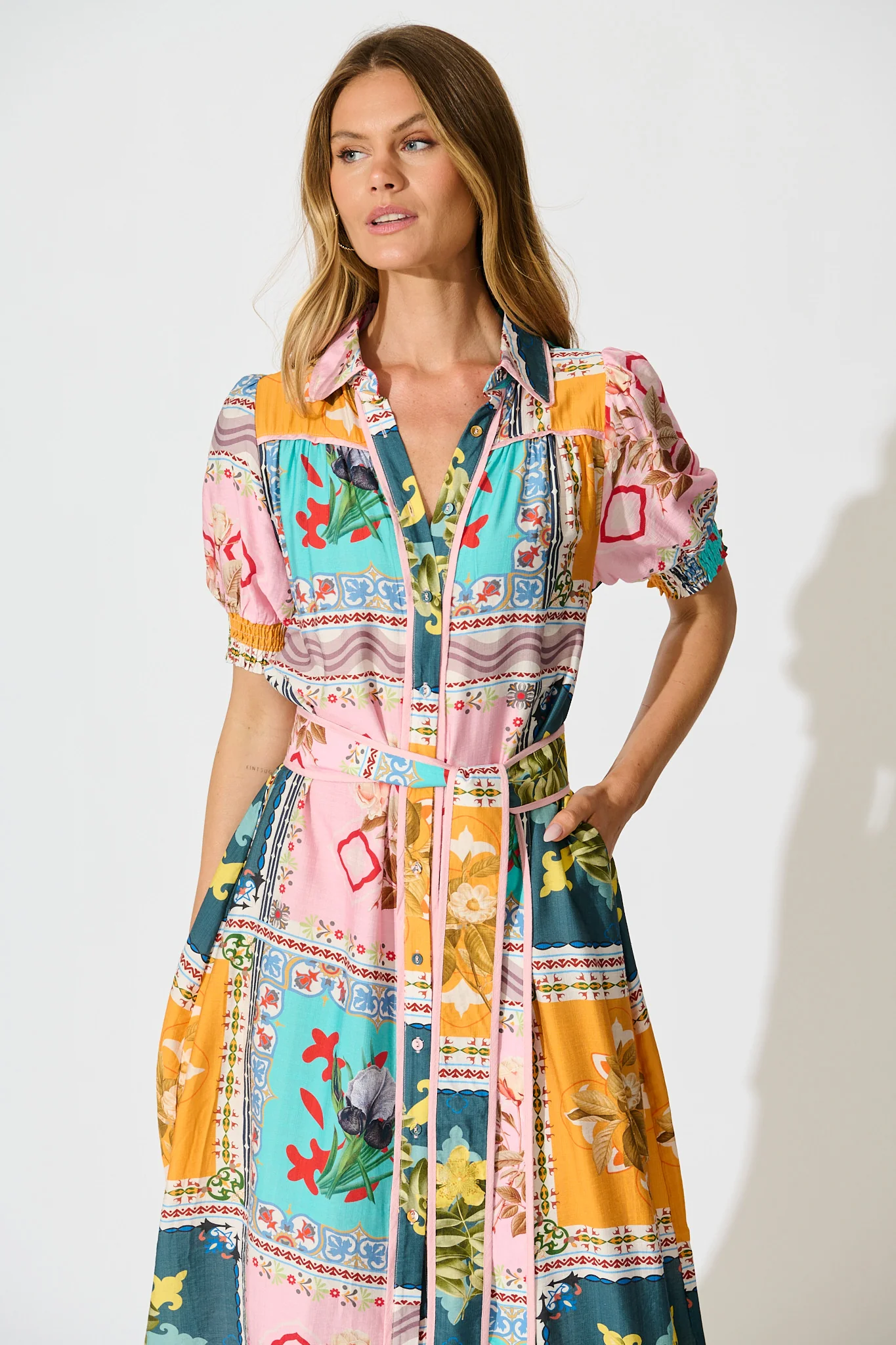 Narcisa Midi Shirt Dress in Multi Floral Tile Print - Image 2