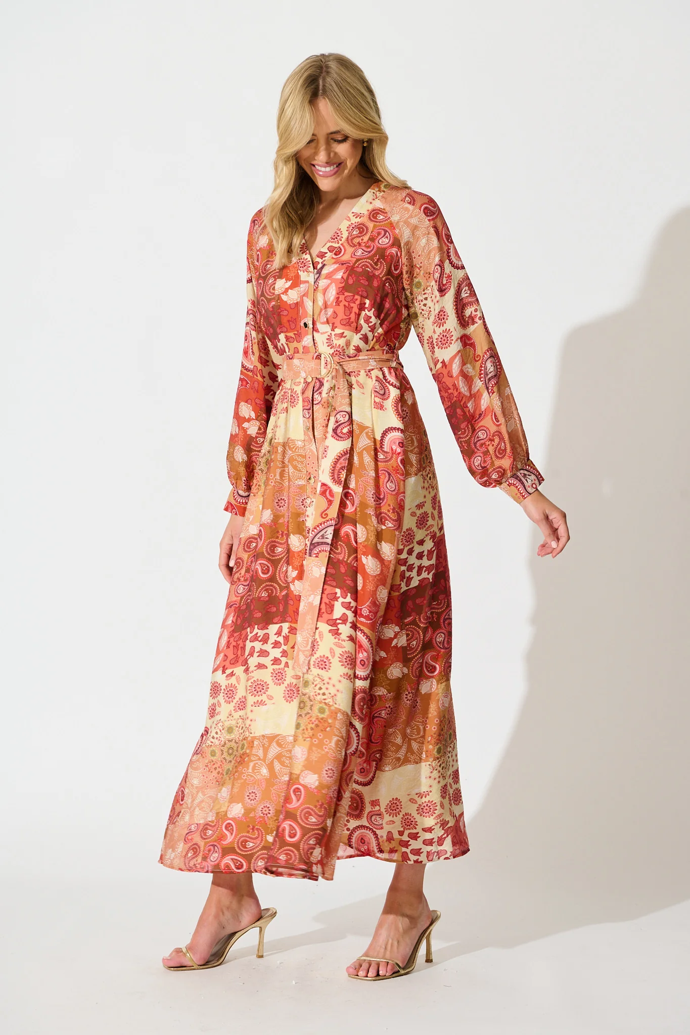 Natalie Midi Dress in Rust Patchwork - Image 3
