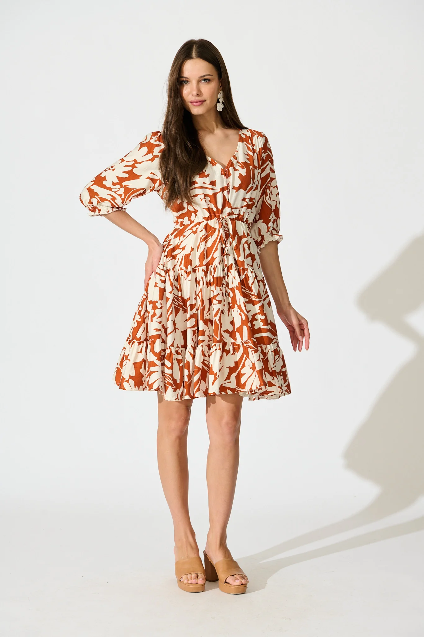 Navianna Dress in White with Brown Floral