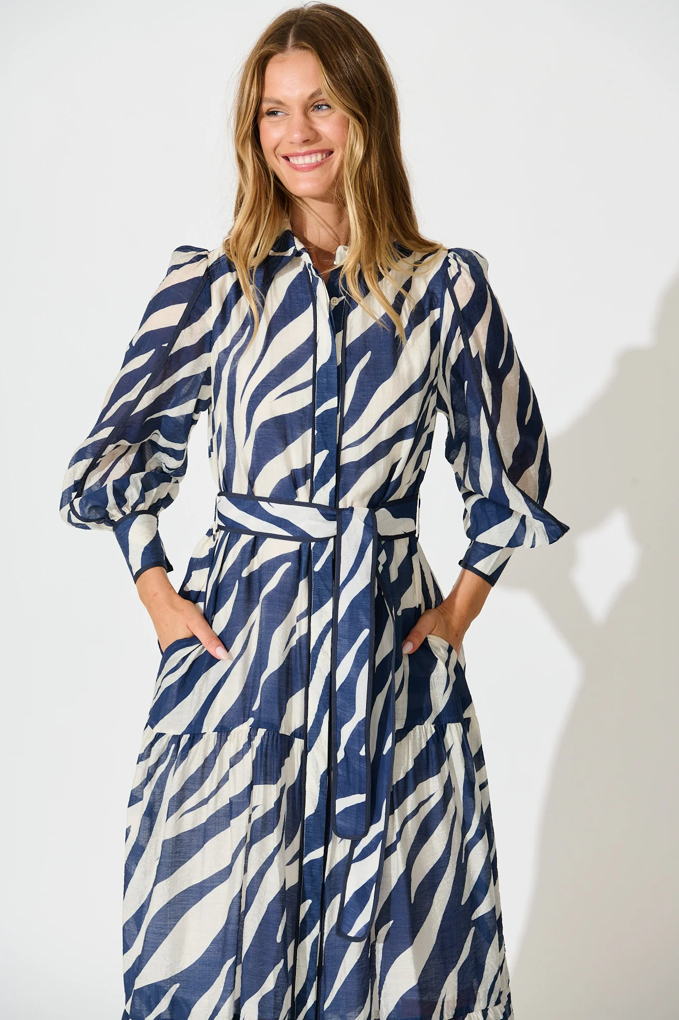Naylor Maxi Shirt Dress in Navy with White Print - Image 2