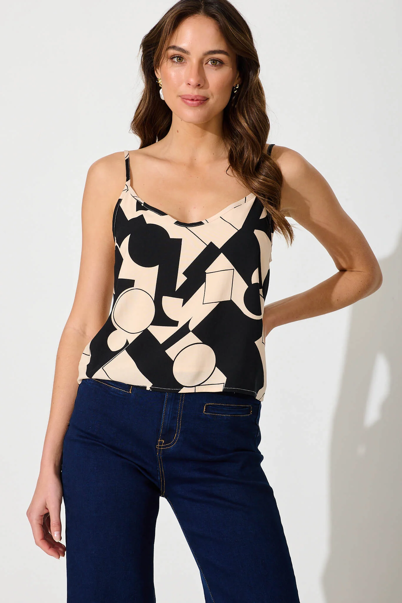 Negroni Cami Top In Cream With Black Geometric Print