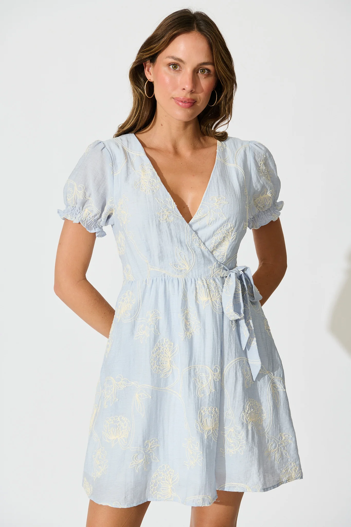 Nera Wrap Dress In Blue Floral Embroidery - Image 2