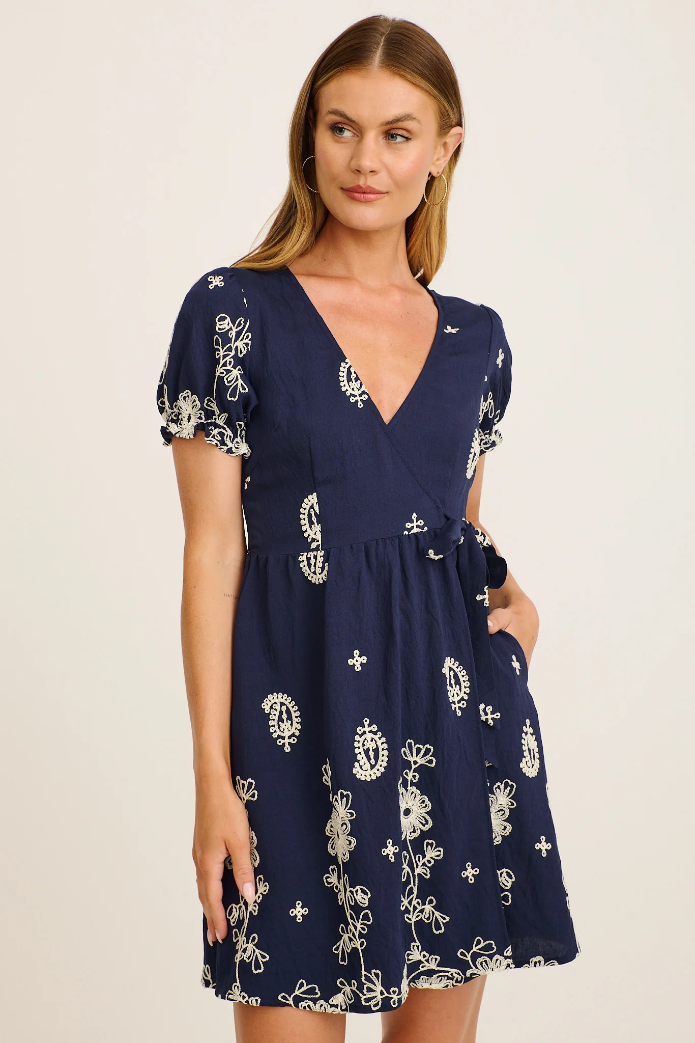 Nera Wrap Dress in Navy with White Embroidery - Image 2