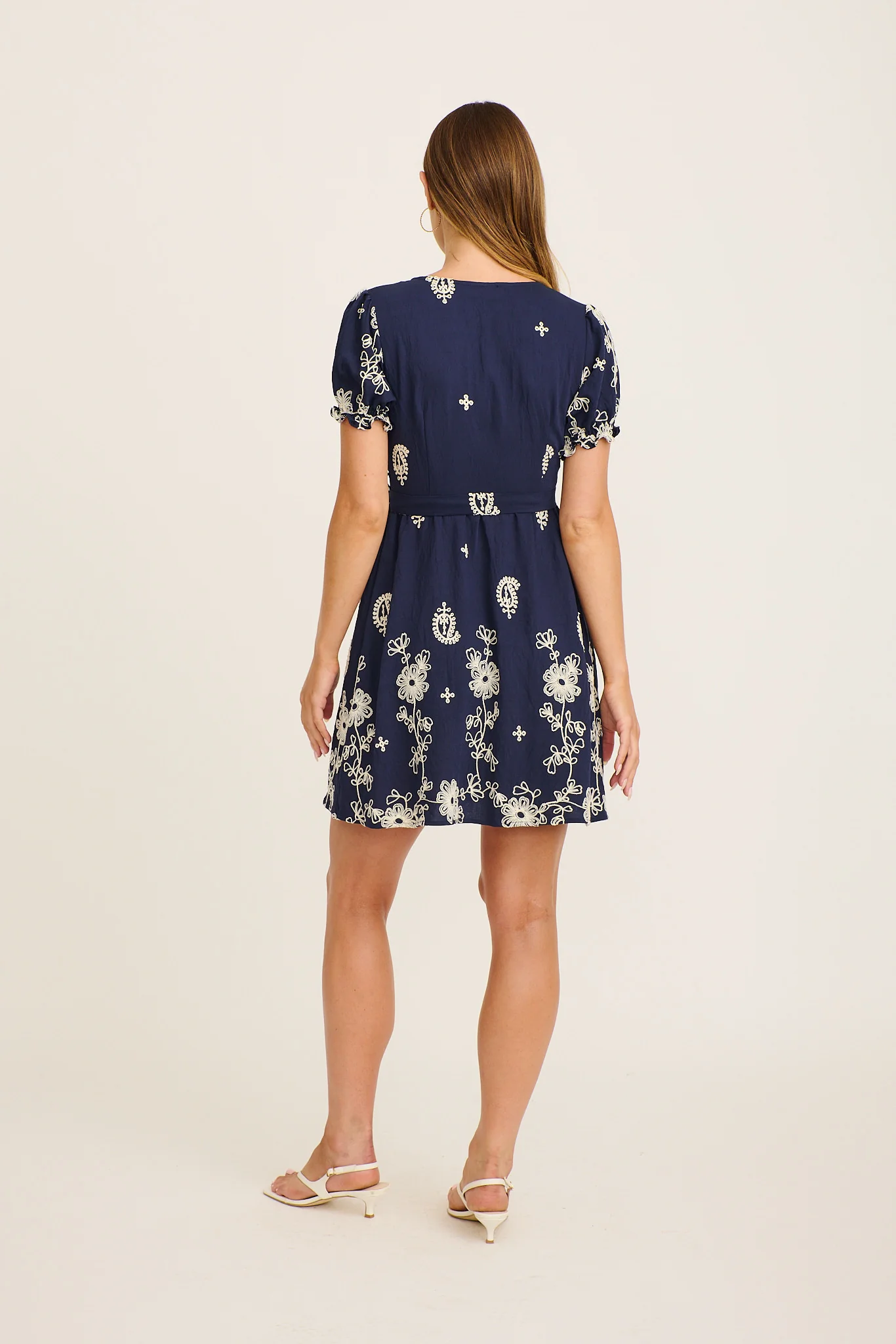Nera Wrap Dress in Navy with White Embroidery - Image 4