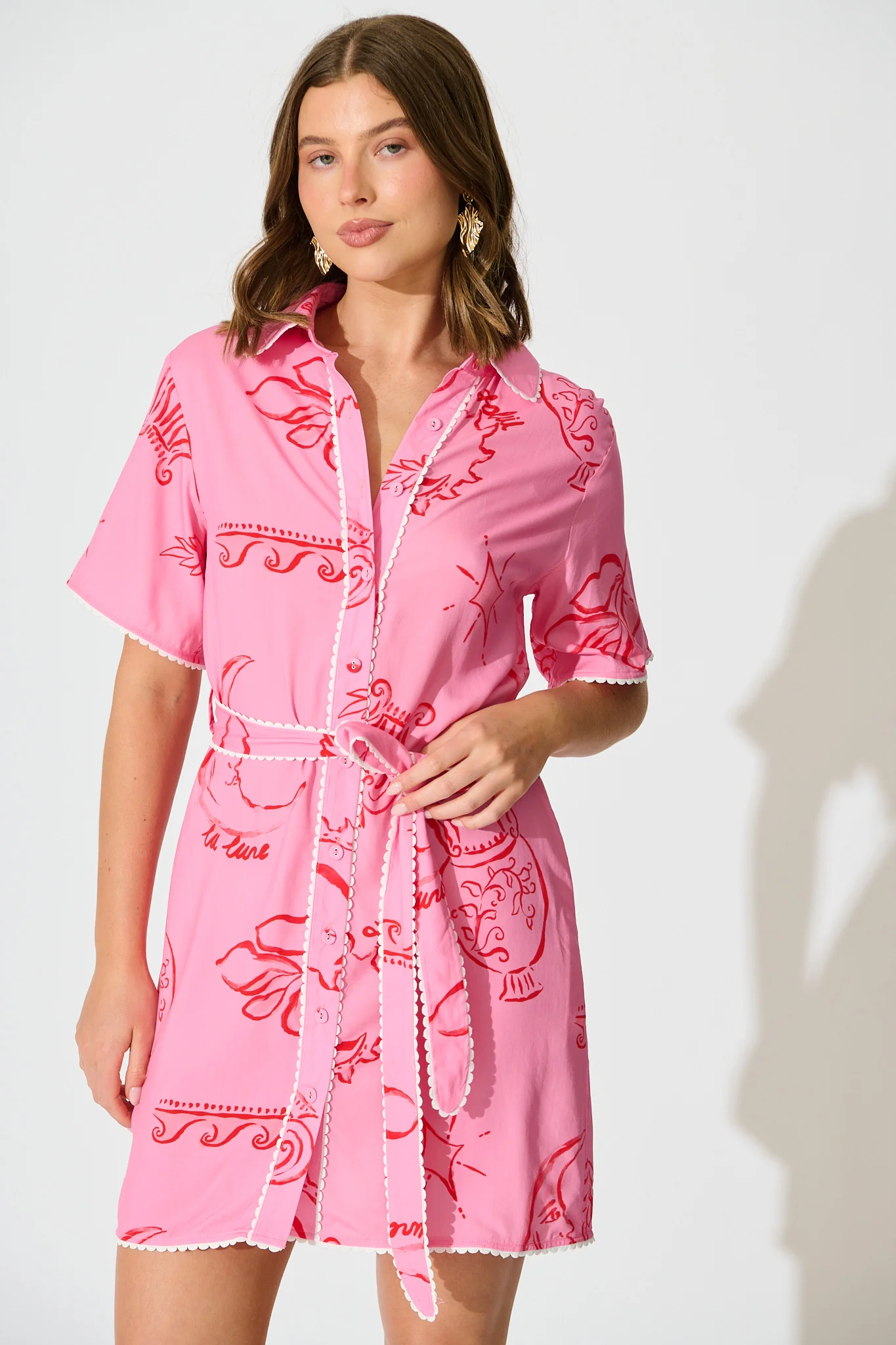 Nerisa Shirt Dress in Pink with Red Print - Image 2