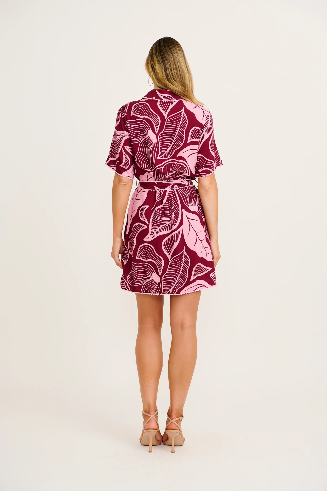 Nerisa Shirt Dress in Plum with Pink Leaf - Image 4