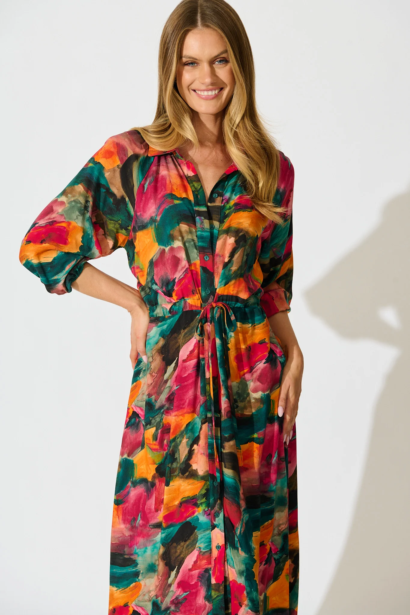 Neroli Midi Shirt Dress in Multi Watercolour Print - Image 2