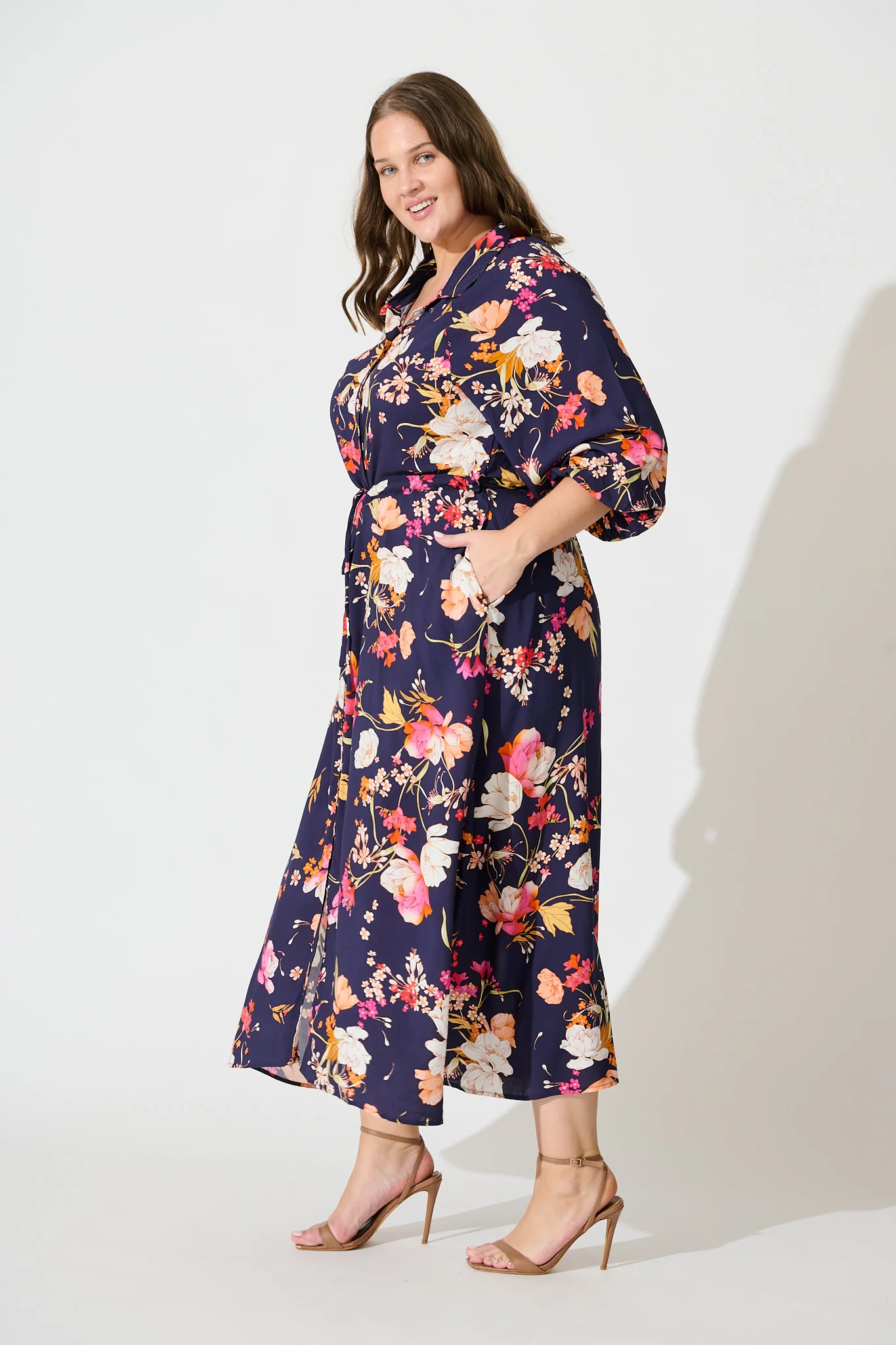 Neroli Midi Shirt Dress In Navy with Multi Floral - Image 10