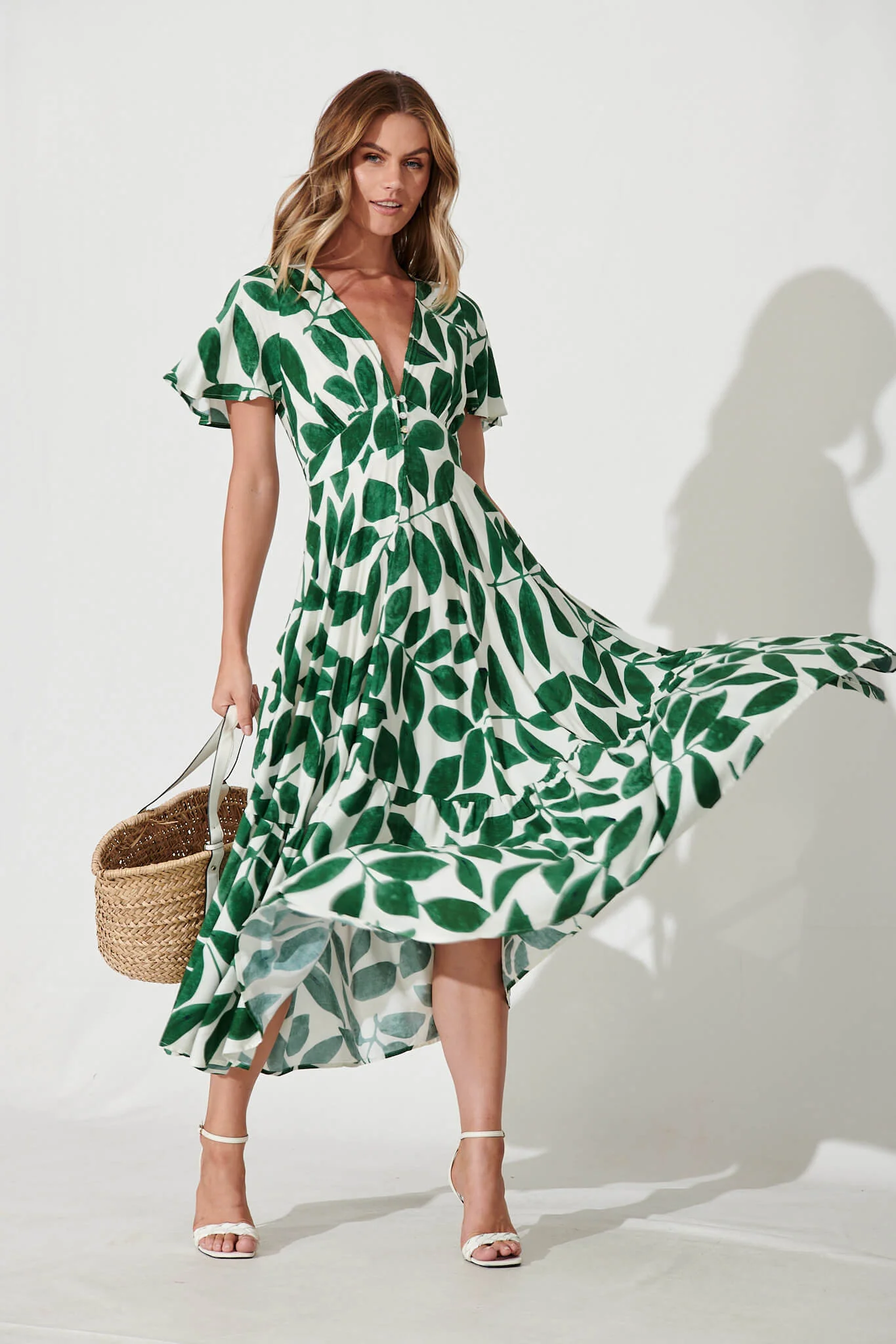 Nevada Maxi Dress In Cream With Green Leaf Print