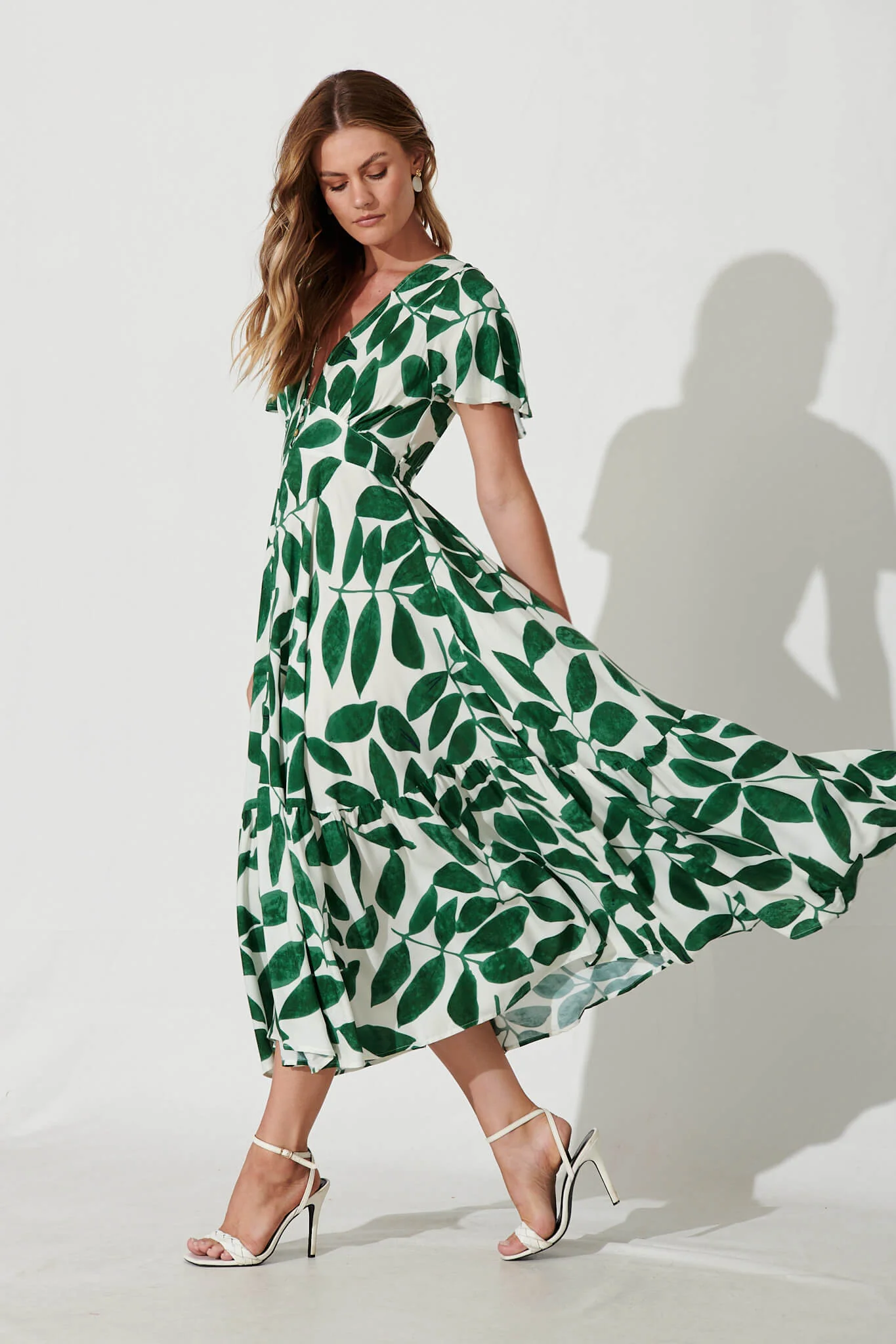 Nevada Maxi Dress In Cream With Green Leaf Print - Image 3