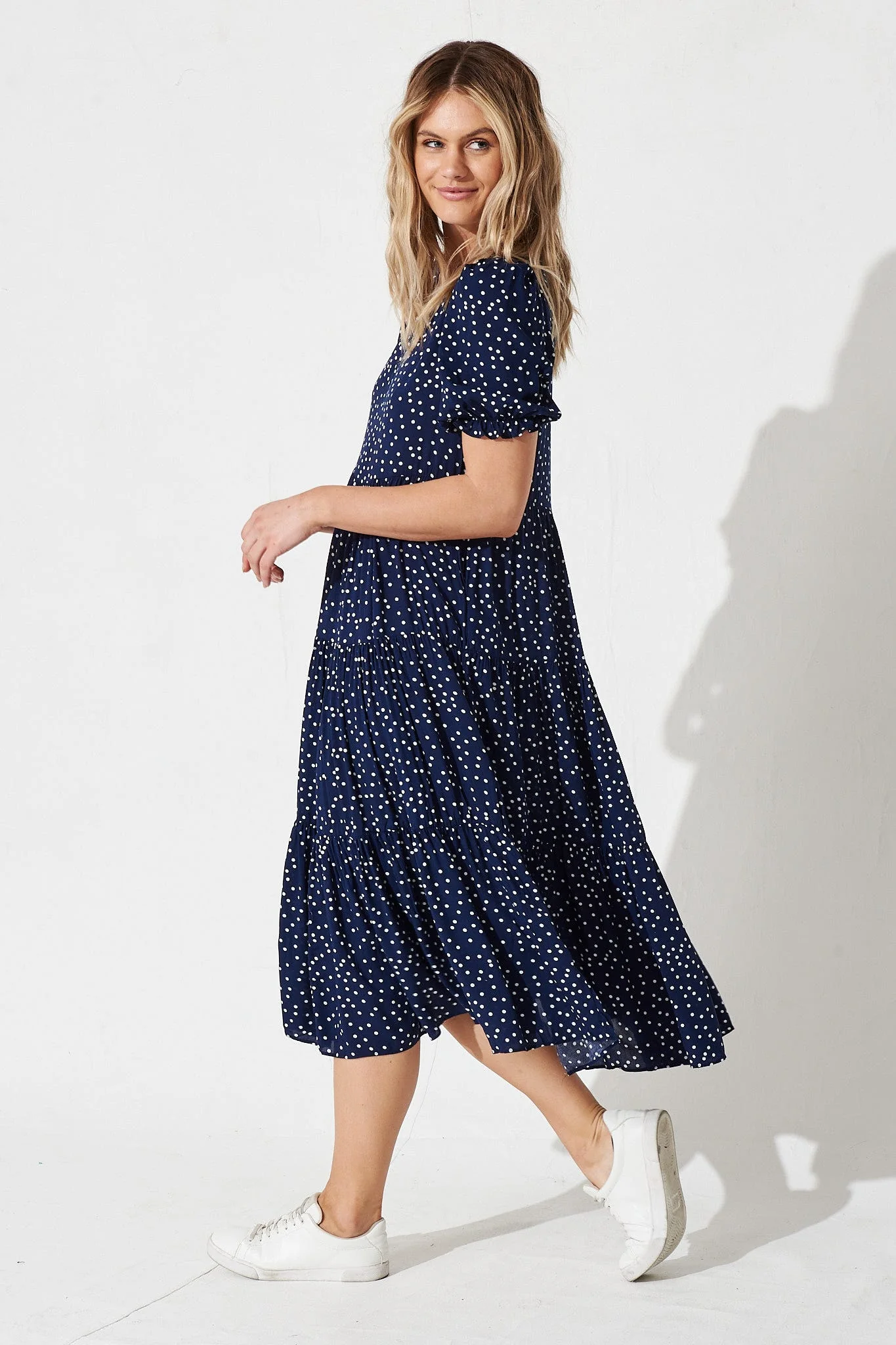 Nevi Tiered Midi Dress in Navy Spot - Image 2