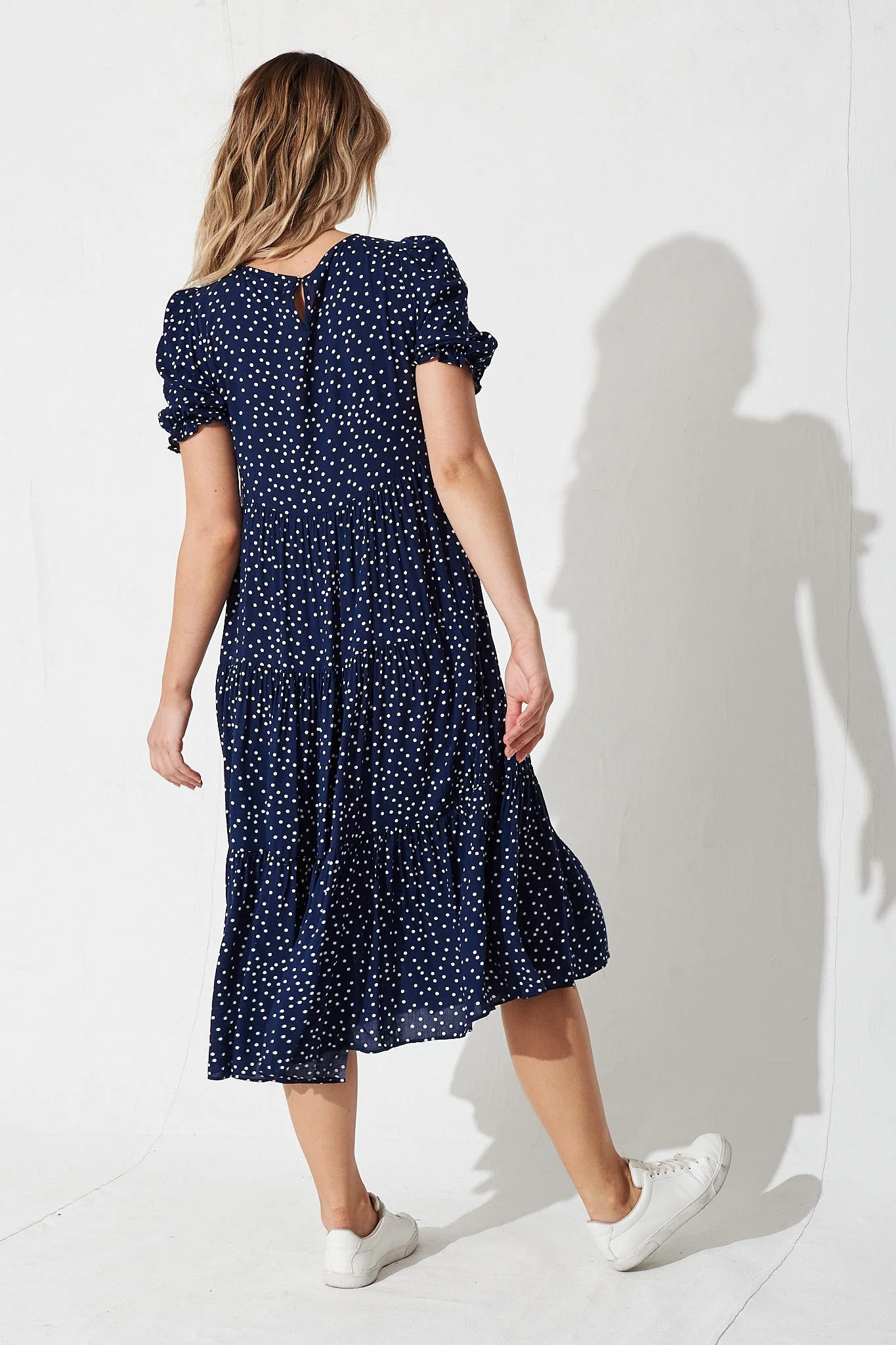 Nevi Tiered Midi Dress in Navy Spot - Image 3