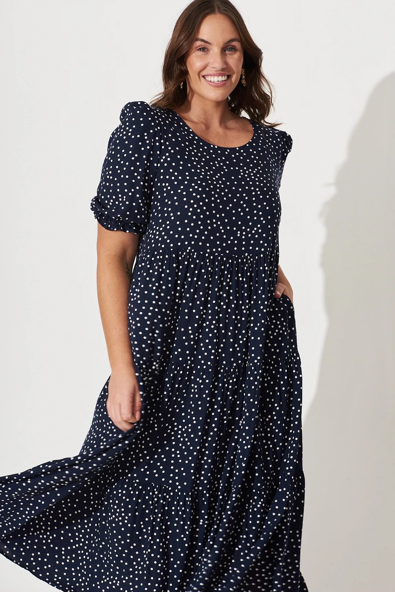 Nevi Tiered Midi Dress in Navy Spot - Image 4