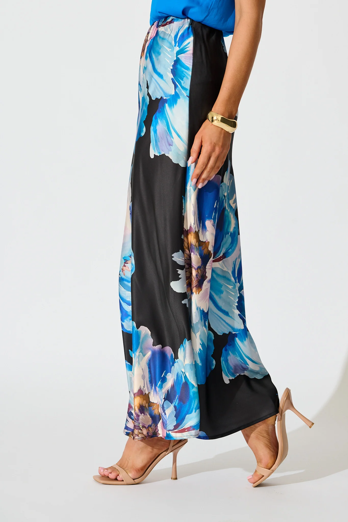Nightshade Bouquet Maxi Skirt in Black with Blue Floral Satin - Image 2