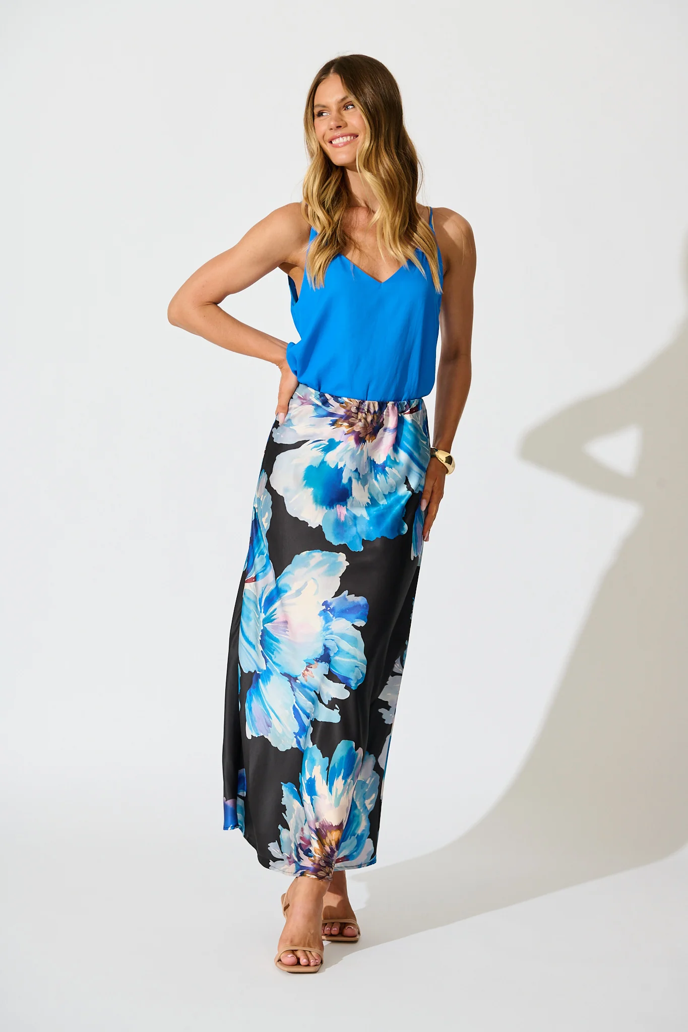 Nightshade Bouquet Maxi Skirt in Black with Blue Floral Satin - Image 4